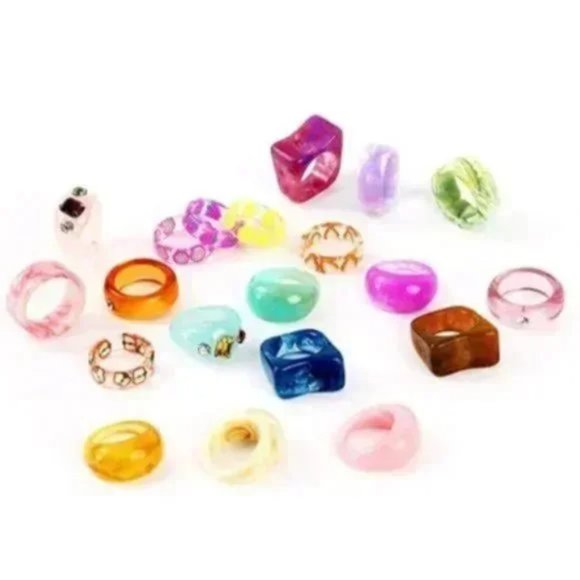 BRANDY MELVILLE 15 Pcs Colorful Rhinestone Resin Cute Trendy Chunky Rings - Picture 1 of 9